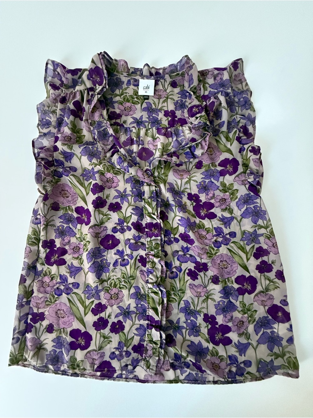 Cabi Purple Floral Ruffle Blouse XS Cottagecore Feminine Sheer Top